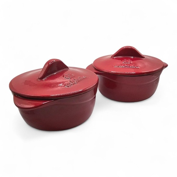 CALPHALON RED Enamel‎ Cast Iron Set Of 2 Individual Soup/Chili/Casserole & Lids - Picture 1 of 9